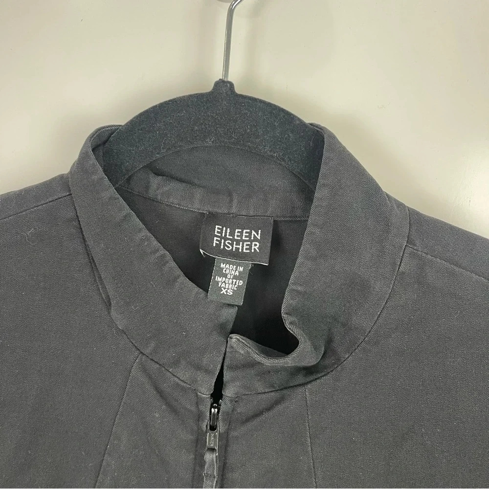 Eileen Fisher Black Cotton Zip-Up Utility Jacket Women's XS Pockets Cinch Waist - Picture 7 of 10